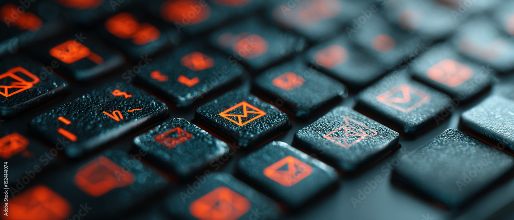 Poster a close up of a dark keyboard with orange icons on the keys showing email and social media symbols