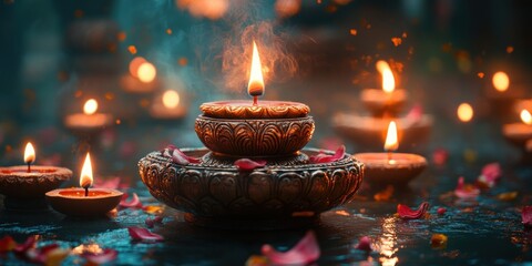 Glowing Oil Lamps with Flames and Rose Petals for Festive Illumination
