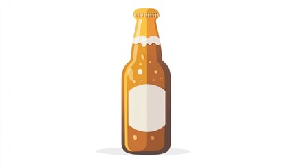 A cartoon illustration of a full amber beer bottle with a blank label, slight foam at the neck, and a subtle drop shadow on a white background