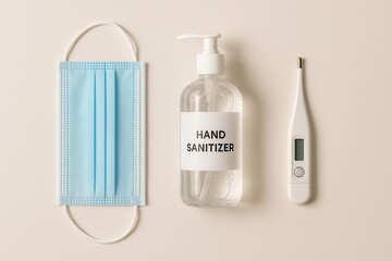Flat lay of face mask, hand sanitizer, and thermometer for health check