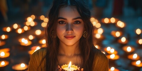 Portrait of a Smiling Young Woman Holding a Glowing Candle Among Many Lit Lights
