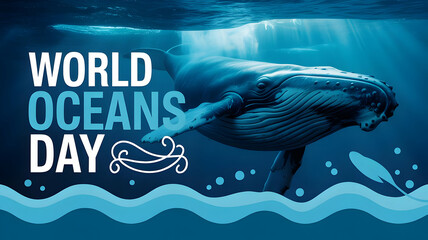 Whale swimming in the ocean with world oceans day text and decorative waves in the foreground graphic