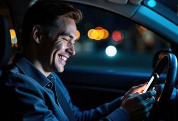 Smiling man using smartphone while driving at night in a car