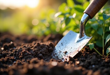 Shovel digging into rich soil with green plants in the background
