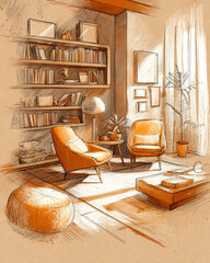 A sketch of a cozy living room with a bookshelf, chairs, and a pouf in warm earthy tones and soft lighting