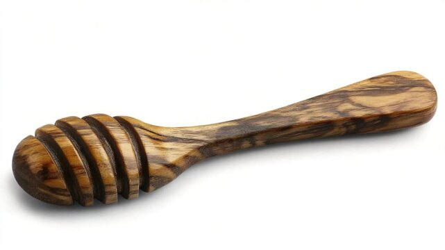 Artisanal wooden honey dipper with distinctive wood grain and carved grooves pattern