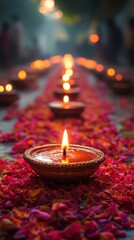 Festive display of lit diya oil lamps arranged amidst red flower petals on a pathway