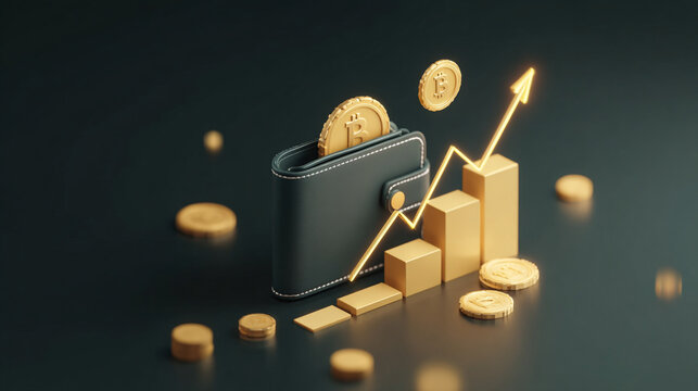 A wallet with bitcoin coins and a rising golden bar graph against a dark background illustration
