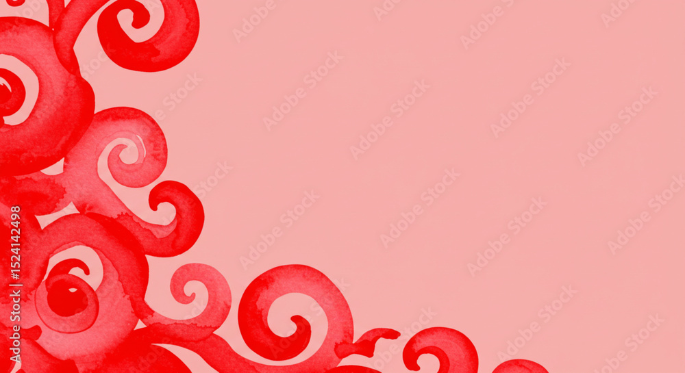 Poster abstract red background. watercolor pattern. red curls on a pink background. wide banner with copy s
