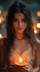 Indian Woman Holding a Lit Oil Lamp with Ornate Jewelry and Festive Backdrop
