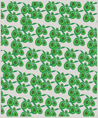 Avocados, fruits and leaves background. Avocado Pattern And Template. Sliced avocado on a Light background stock illustration. Seamless pattern of avocados 