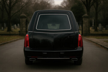 Rear View of Black Funeral Hearse Parked on Empty Road, Dignified Mortuary Scene