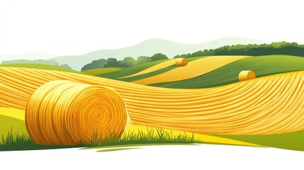 Undulating golden fields of harvested grain, marked by large round hay bales, roll gently towards distant green hills under a hazy sky