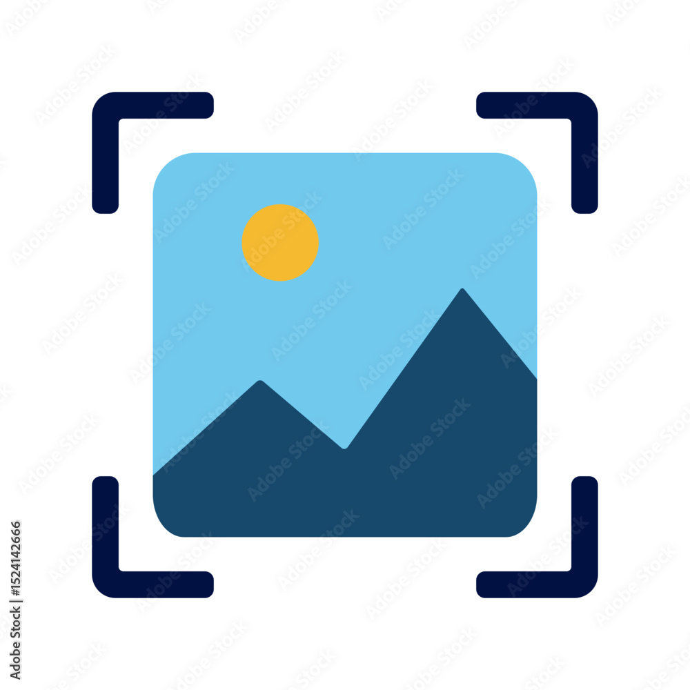 Poster flat design icon of a landscape image with a sun and mountains, surrounded by crop marks for trimmin