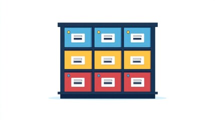 A stylized illustration of a twelve-compartment cabinet with color-coded drawers, each featuring a minimalist label suggesting contents storage or organization