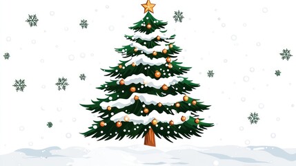 Fototapeta premium A snow-dusted evergreen Christmas tree adorned with orange ornaments and a golden star, set against a white background with falling snowflakes