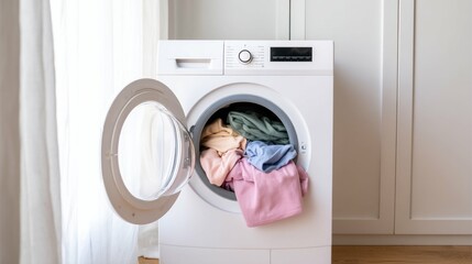 Laundry day bliss in a cozy home, with a colorful mix of clothes ready for a refreshing wash
