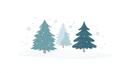 Three stylized evergreen trees stand in a snowy landscape, adorned with light blue and dark teal hues, against a white background.  Falling snowflakes add a wintry feel