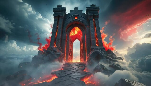 Epic Fiery Gate to the Underworld in a Fantasy Realm. Virtual 4K video animation background with looping time lapse with very smooth graphics.
