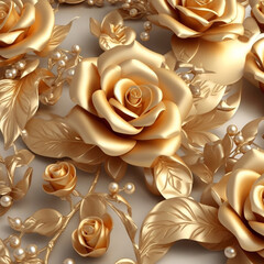 Seamless 3D Gold Roses and Pearls Pattern