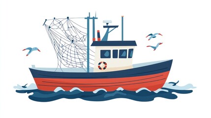 Naklejka premium A red and blue fishing trawler floats on gentle waves, its net hoisted partially, with seagulls flying nearby. The vessel is detailed with windows, a mast, and life preserver