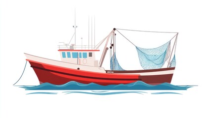 Naklejka premium A red and white fishing trawler floats on calm blue water, its nets neatly coiled and ready for the next haul. The vessel is compact, suggesting coastal fishing operations