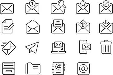 Thin line icon set of mail email e-mail communication sending receiving message. Symbol collection. Pixel perfect icons, editable stroke.