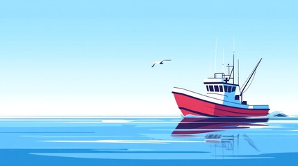 Naklejka premium A red and white fishing trawler navigates calm, blue waters under a pale sky; a single seagull flies overhead, its reflection subtly mirrored on the tranquil sea's surface