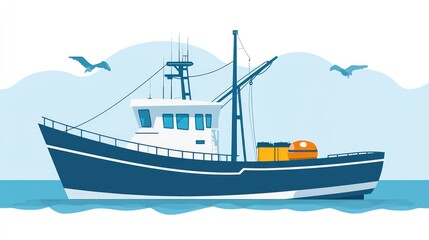 Naklejka premium A dark-blue fishing trawler floats on calm, light-blue water, under a pale sky with two seagulls in flight. 