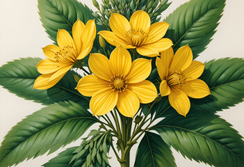 Vibrant Yellow Flowers Botanical Illustration