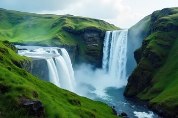 Serene waterfall cascading down lush green hills, creating a misty veil Perfect for travel, nature, and environmental themes , green, landscape