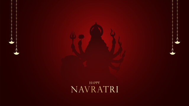 Happy Navratri Festival Background Design with Goddess Durga Face Illustration. Happy Navratri, illustration of couple playing Dandiya and Garba Night