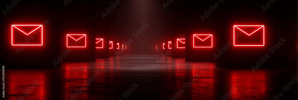 Poster a dark background with a row of red neon email symbols receding into the distance with reflections