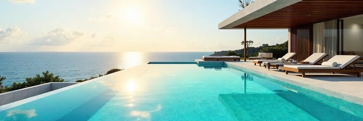 Fototapeta premium Geometric-shaped swimming pool with clean lines and turquoise water, perfect for a luxurious resort or modern home Sun reflects beautifully on the surface , luxury pool, design, contemporary