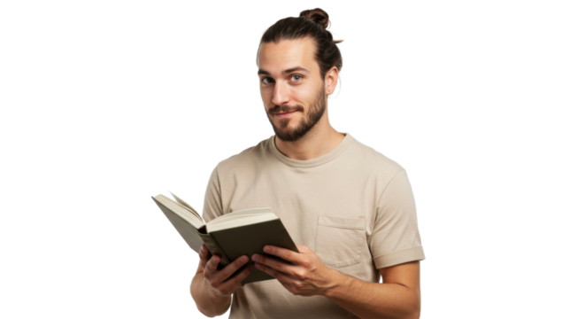 Bearded Man with Bun Reading Book Smiling Looking Directly at Camera