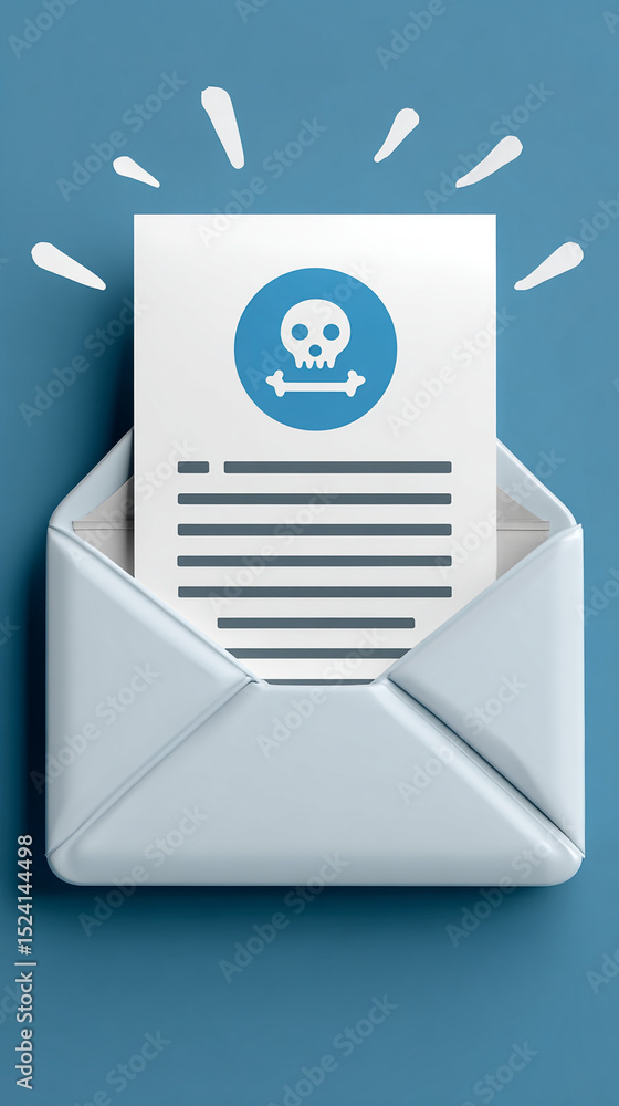 Aufkleber an envelope with a white paper inside showing a skull and crossbones on a blue background color