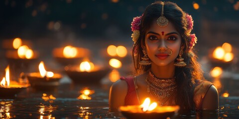 Indian Woman in Water Surrounded by Floating Candles at Night