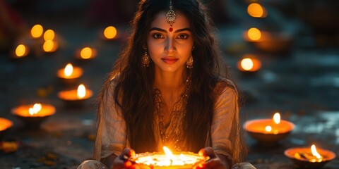 Indian Woman Holding Oil Lamp in Festive Celebration with Warm Lighting