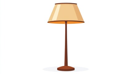 A tall, slender floor lamp with a wide, light beige, bell-shaped shade and a dark brown, cylindrical base sits on a small, light-colored circular base against a white background