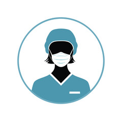 Female medical professional wearing mask and scrub cap