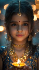 Indian Girl Holds a Lit Traditional Oil Lamp for Diwali Celebration