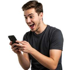 Excited Man Reacts to Smartphone Content with Wide Eyes and Open Mouth