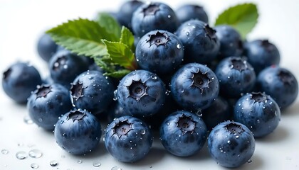 Fototapeta premium Close-up image of fresh ripe blueberries with green leaves on white background. Perfect for food design, healthy lifestyle, and organic product concepts.