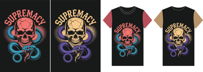 Obraz premium Dark Supremacy Design: A striking graphic featuring a skull entwined by a snake, symbolizing power and dominance, printed on apparel, reflecting the core concept in various applications. 