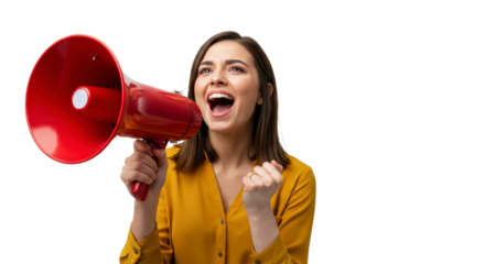Excited Woman Shouting into Red Megaphone with Joyful Expression