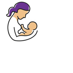 A simple line drawing of a mother with purple hair cradling her baby, symbolizing nurturing and breastfeeding.