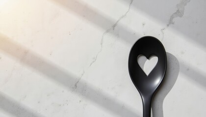 Black spoon with heart-shaped hole on marble surface with shadows  