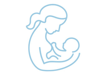 A simple blue line drawing of a mother cradling and lovingly gazing at her infant, symbolizing nurturing and care.
