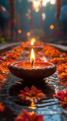 Burning Oil Lamps and Floating Flowers Reflecting on Water Surface for Holiday Celebration