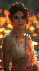 Indian Woman adorned in Jewelry and Traditional Saree during Festival of Lights